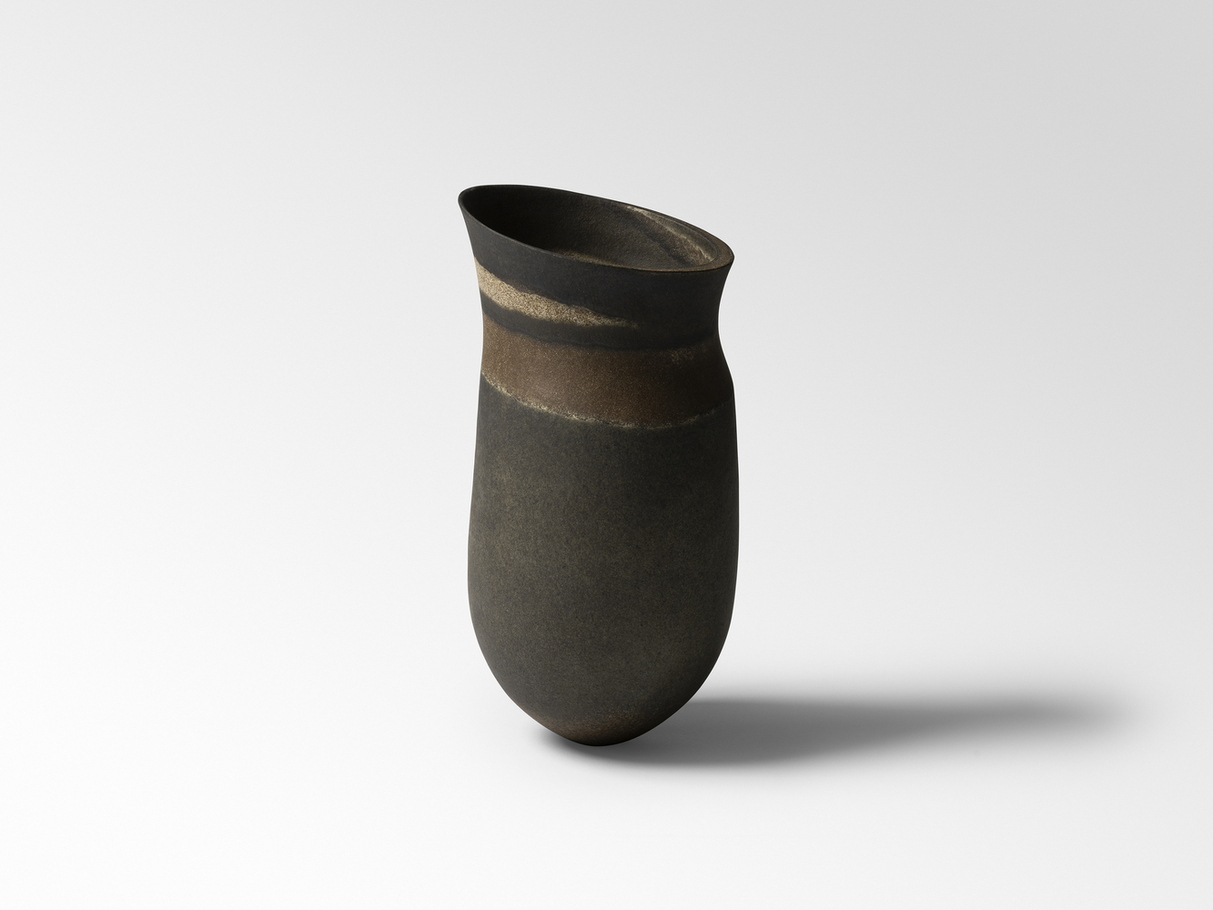 Olive, umber haloed band, rust granite band, tilted shelf rim, 2025