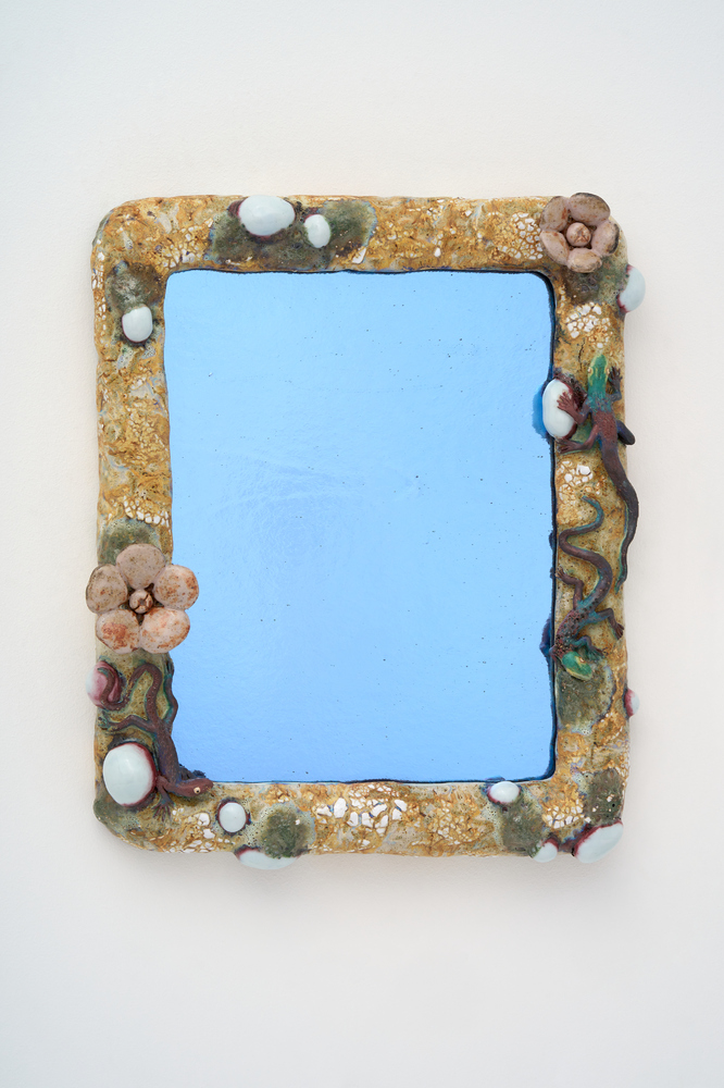 Obscure Mirror (Golden Landscape with 3 Lizards and Sapphire Glass), 2022